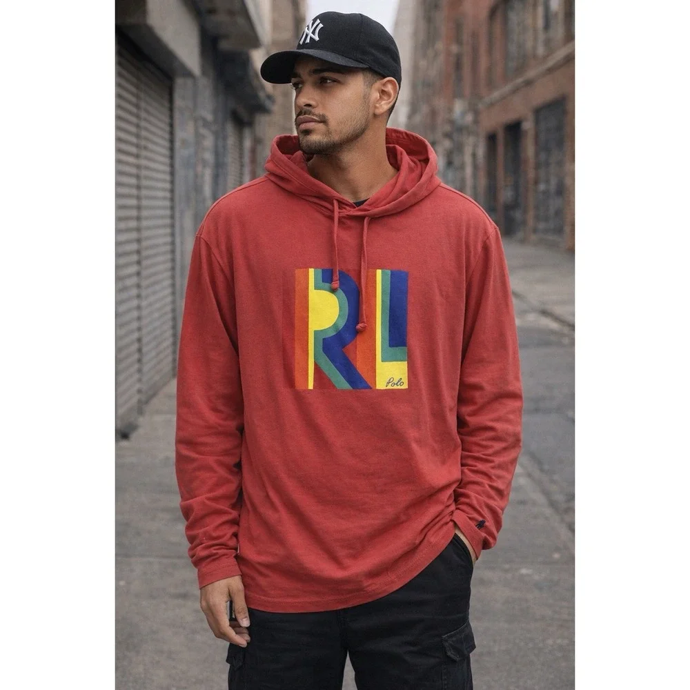 Polo Ralph Lauren Colorblock RL Graphic Hoodie Red XL Sporty Streetwear Casual